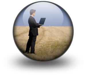 standing with computer in bubble